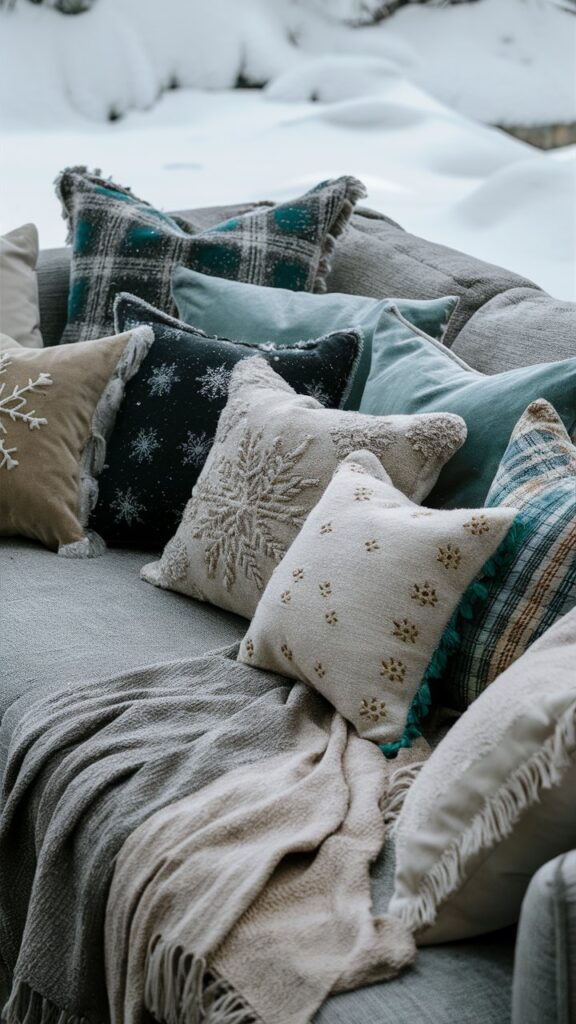 a sofa with many push pillows to show winter home decor ideas