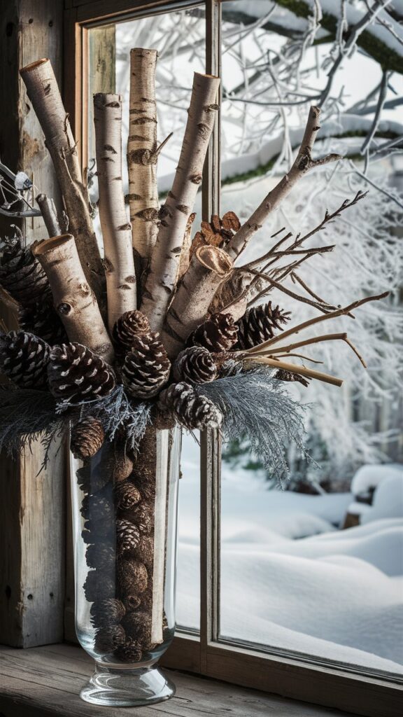 dried branches and birch logs placed in window for winter home decor ideas