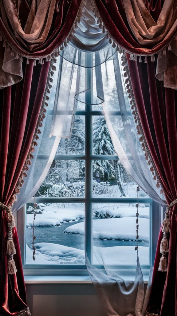 a beautiful curtain on window showing snow outside 