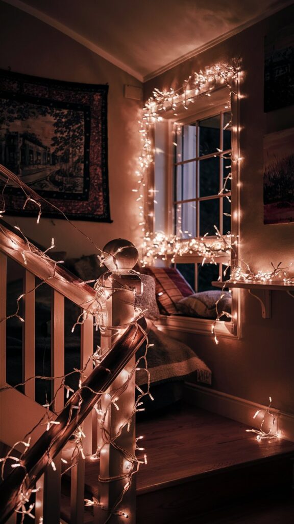 fairy lights placed along stair case showing winter home decor ideas and giving a cozy feel