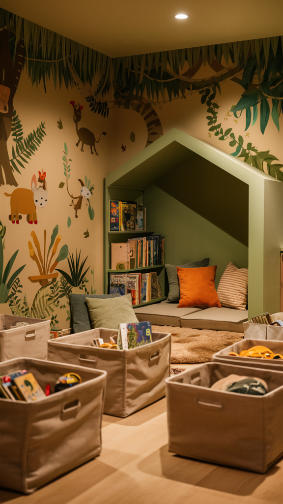 a kids room with cretive wall decals