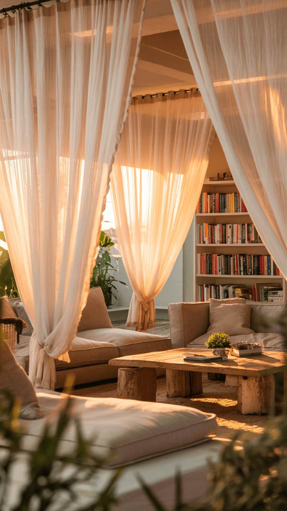 a living room with beautiful curtains