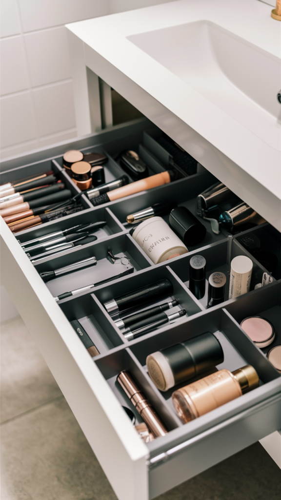 a drawer with divided sections for bathroom organization ideas