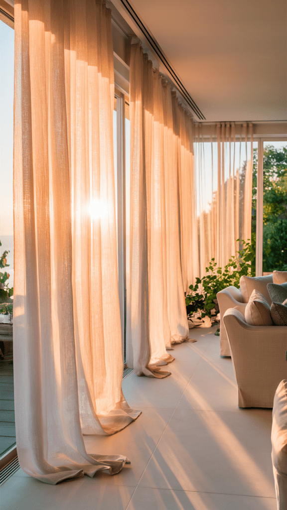 a living room with beautiful curtains