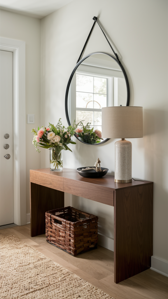 a beautiful entryway with mirror and flowers