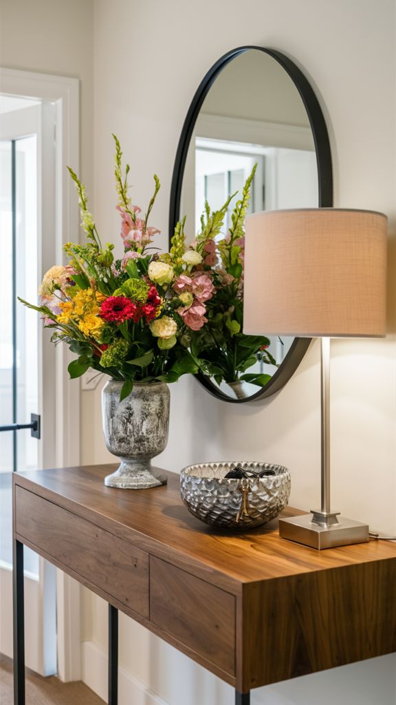 a beautiful entryway with mirror and flowers