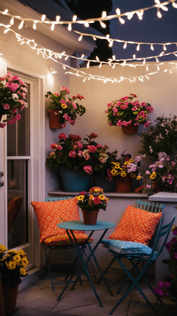 a spring influenced balcony decorated with lights and colourful flowers