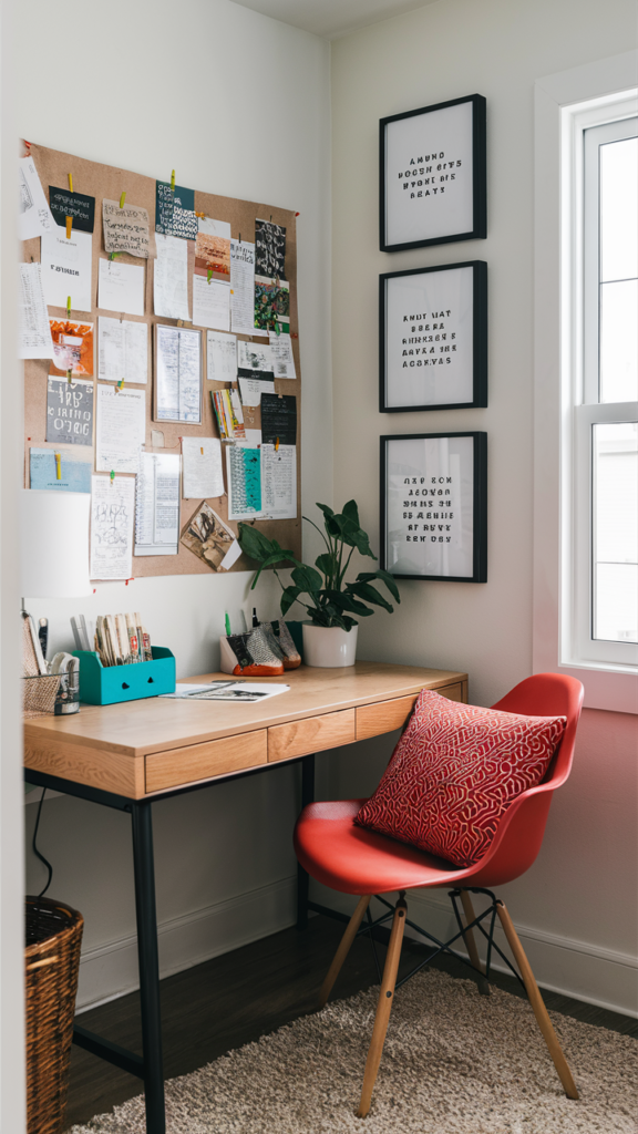 a home office with quotes on wall