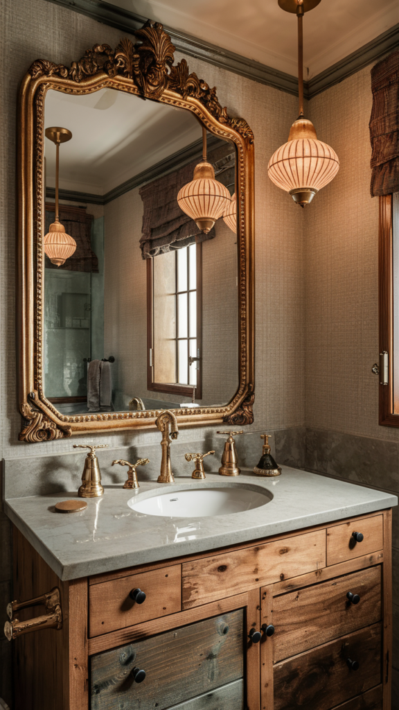 A large vintage mirror in a bathroom