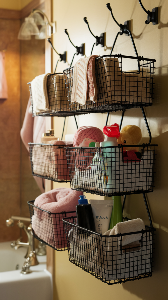 a pair of hanging baskets for bathroom organization ideas