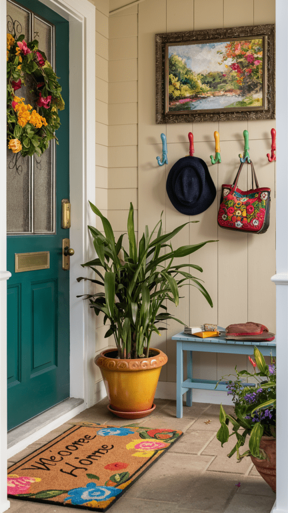 an entryway decorated for spring