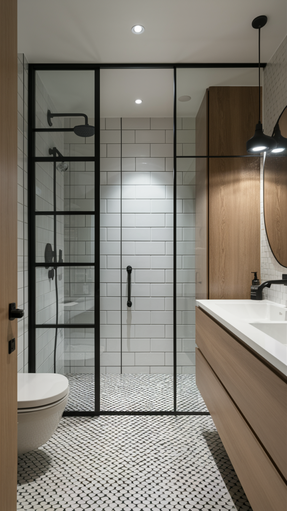 a bathroom with black accents