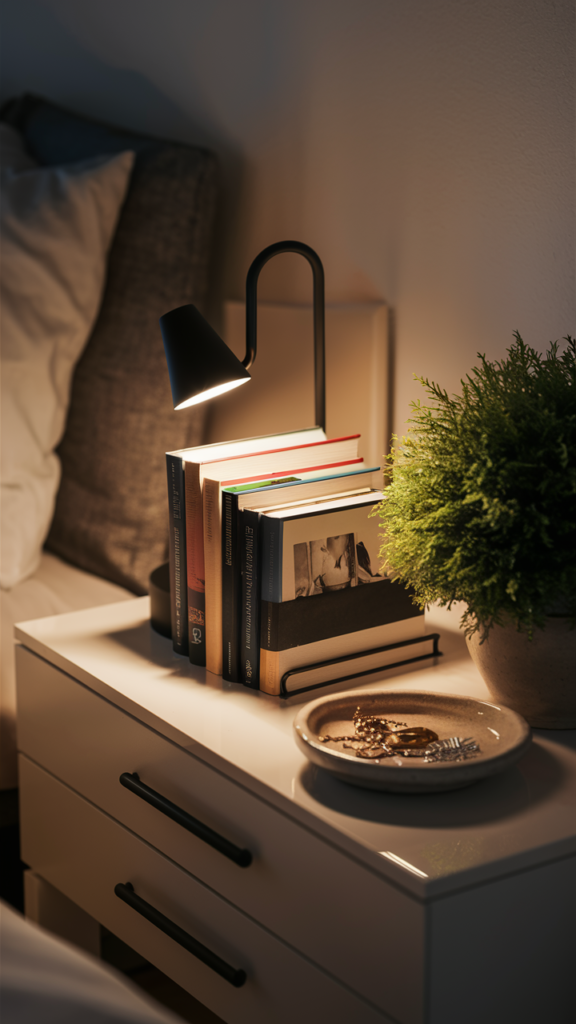 a tablestand with books and lamp