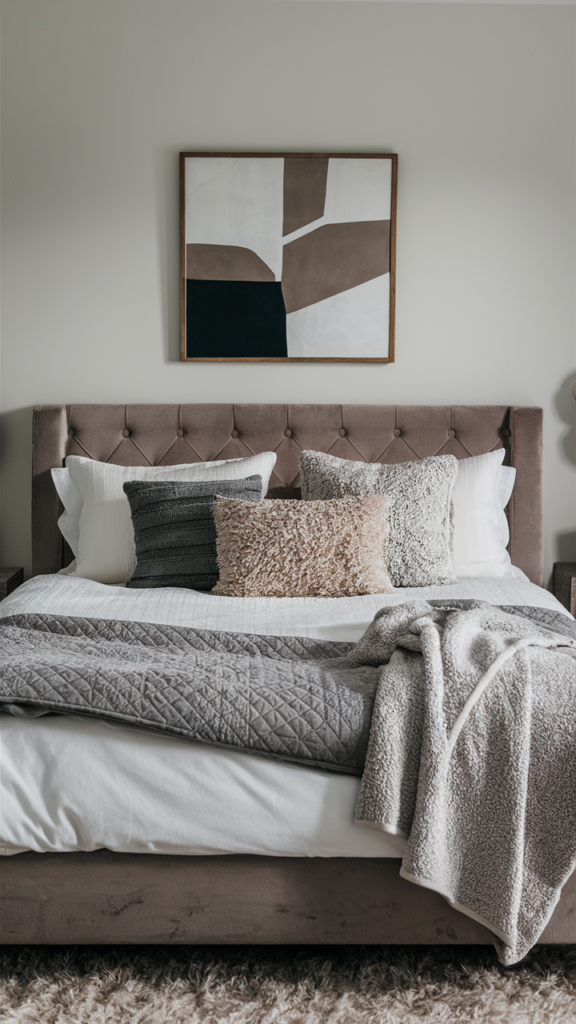 a bed with layered pillows and sheets