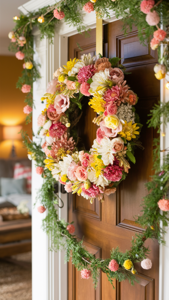 a beautiful wreath on a door depecting spring decor ideas