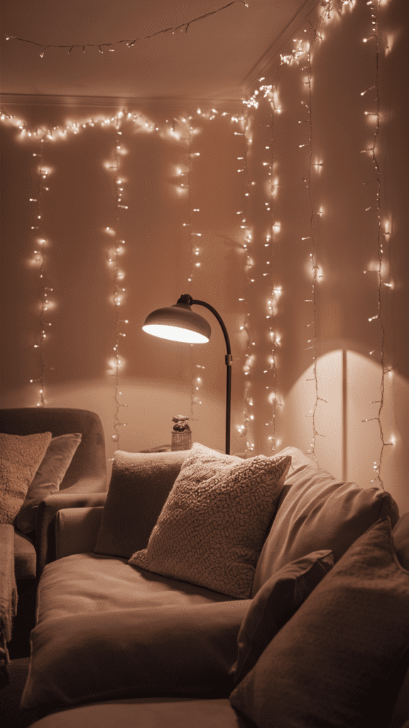 wall of a living room decorated with lights depecting spring decor ideas