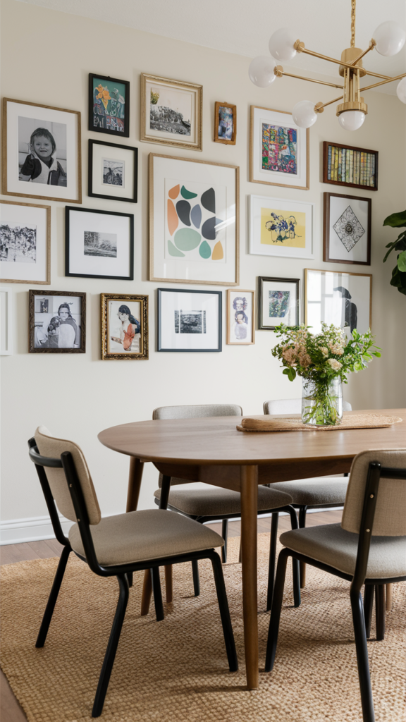 A dining room with wall gallery