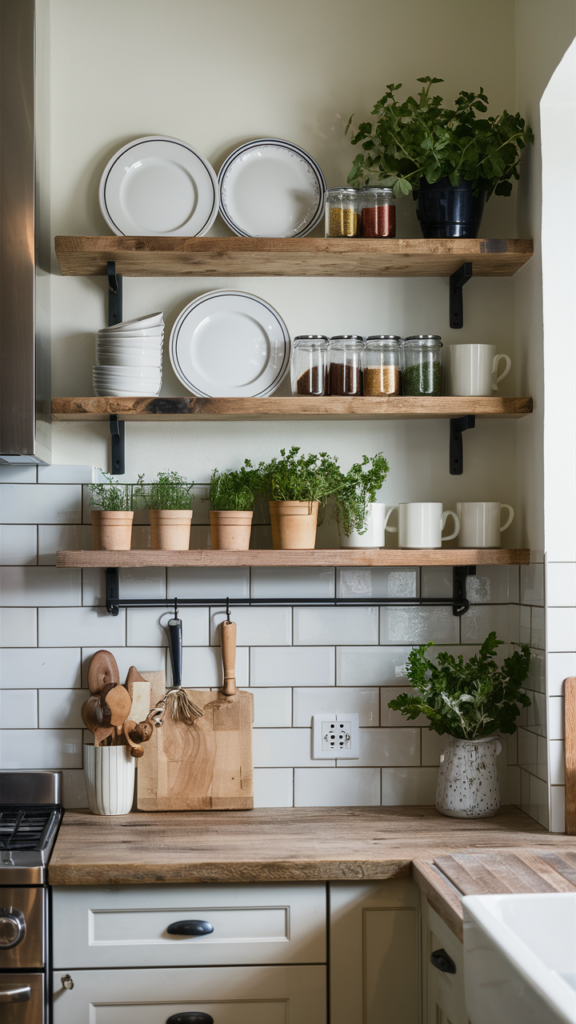 a clean open shelves kitchen