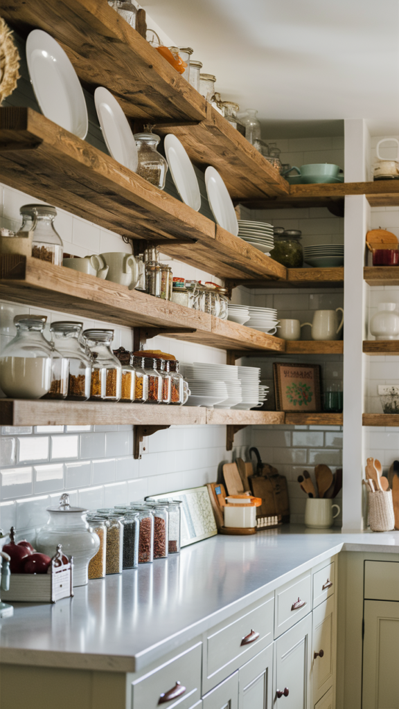 a clean open shelves kitchen