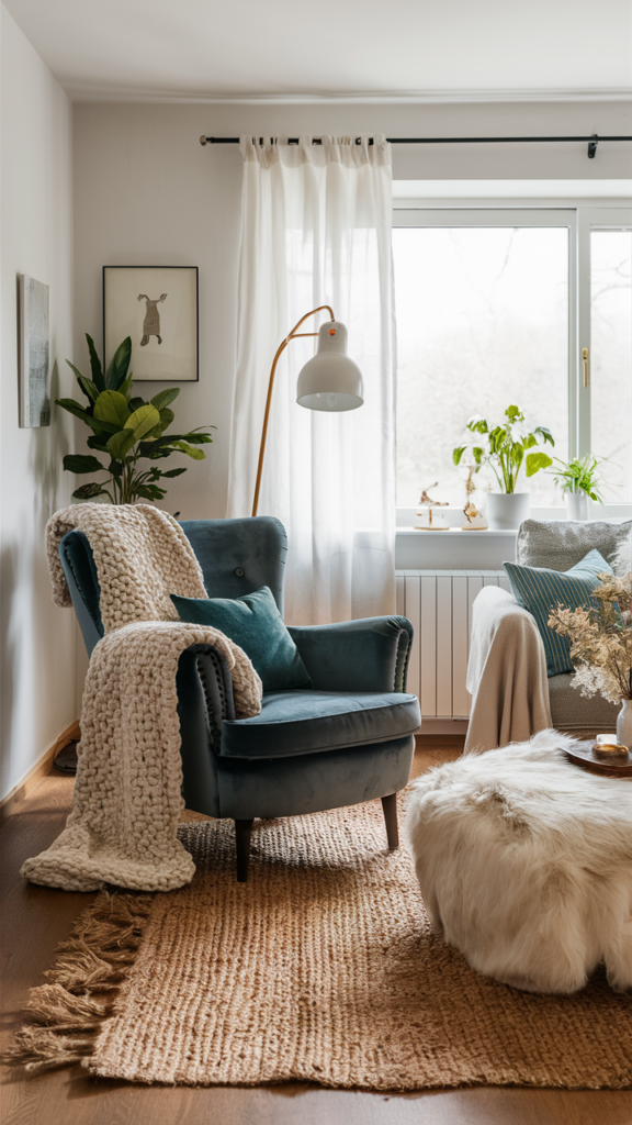 living room with textured rugs