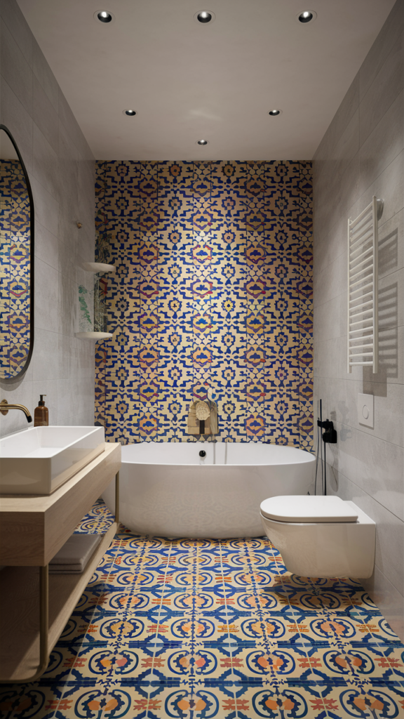 A bathroom inspiration idea showing bold tiles