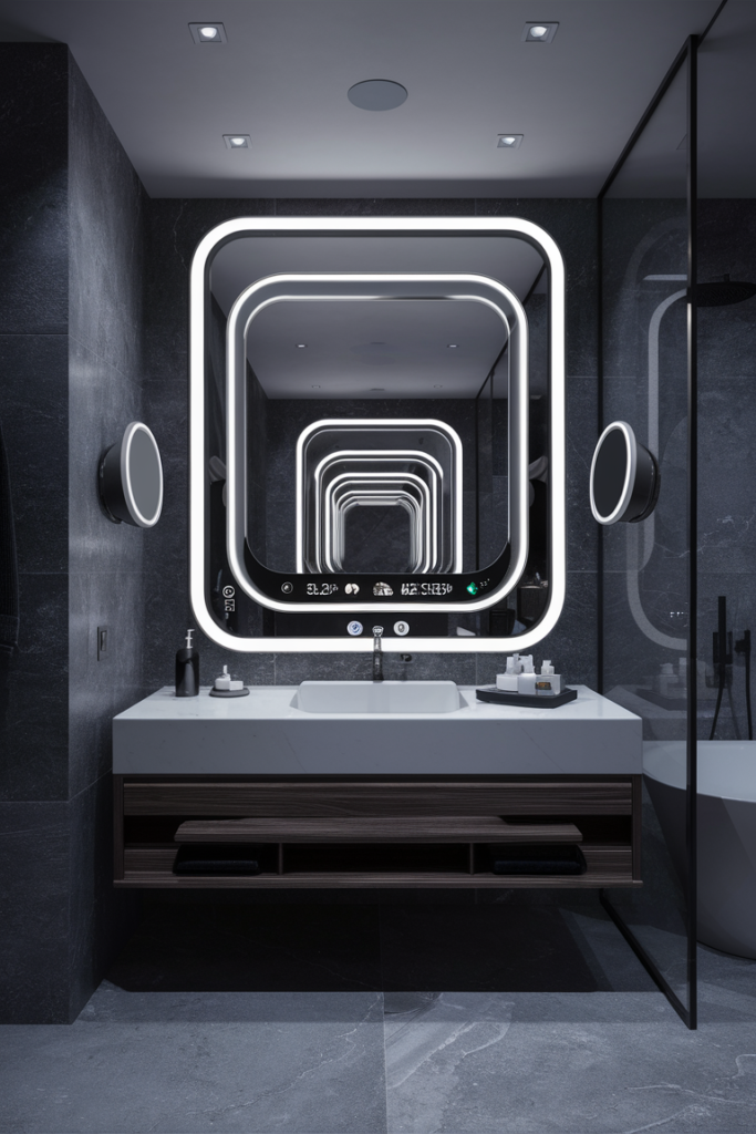 A high-tech smart bathroom mirror with built-in Bluetooth speakers and touch controls, displaying weather updates and lighting settings. Bathroom mirror ideas for tech lovers.