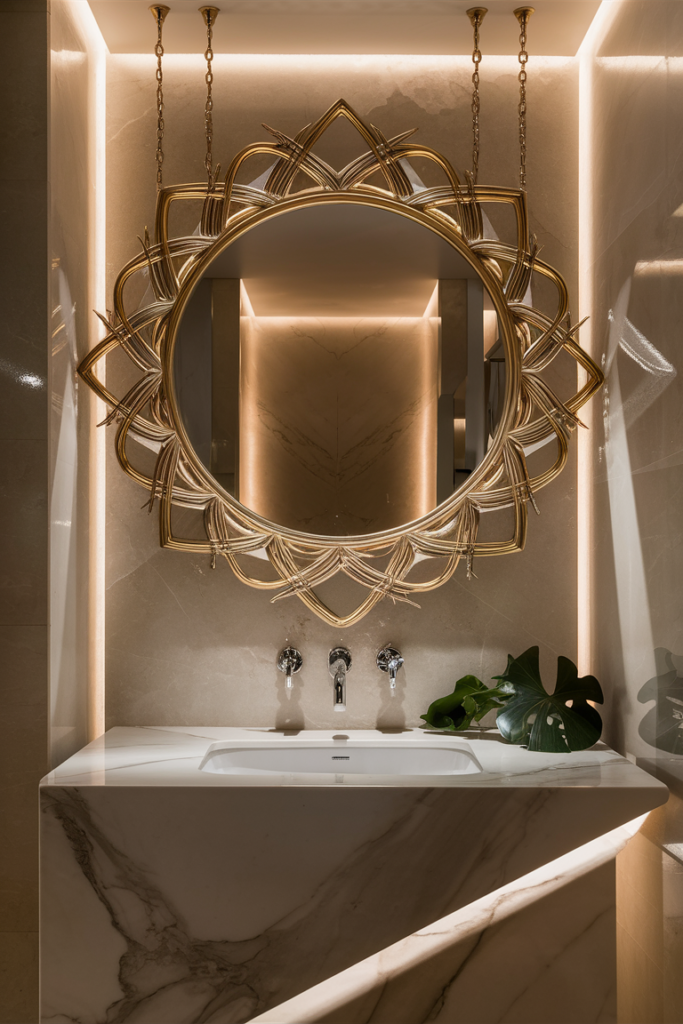 A contemporary bathroom with a sleek round mirror above a floating vanity. The mirror has a thin black metal frame, adding a touch of modern elegance. Bathroom mirror ideas for a trendy look.