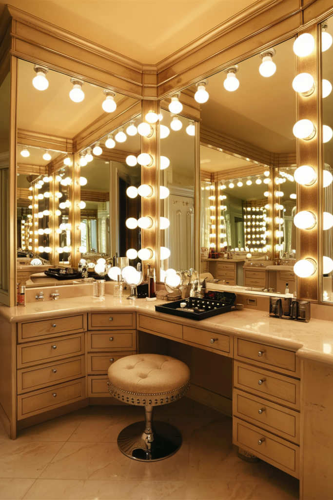 A glamorous makeup vanity with a Hollywood-style mirror surrounded by bright bulbs. The chic setting exudes elegance and sophistication.