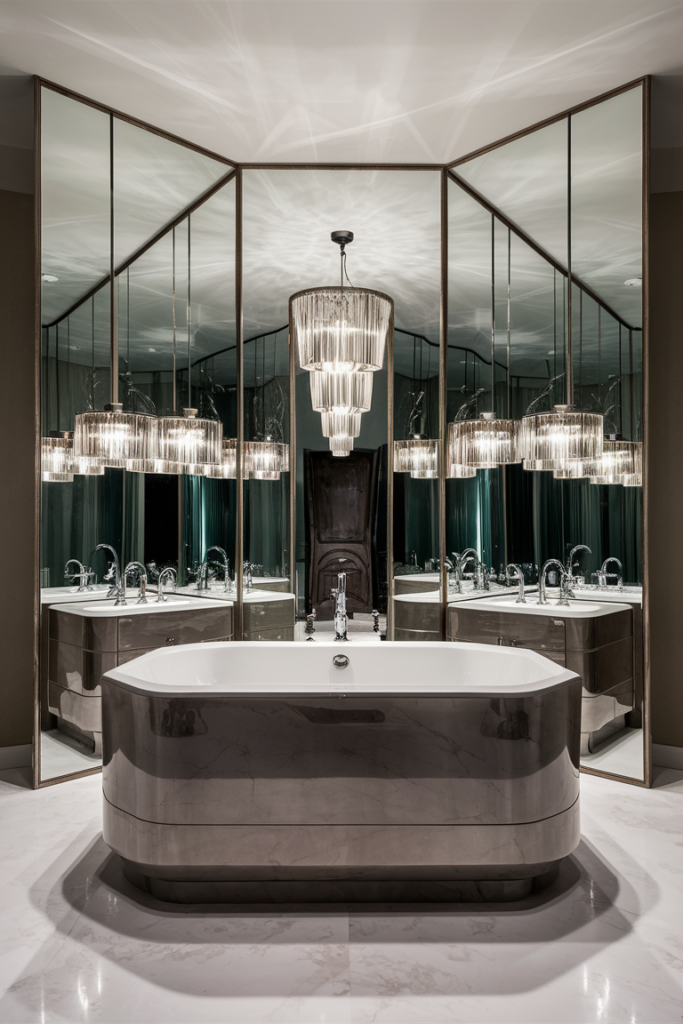 A bold, oversized bathroom mirror covering an entire wall, reflecting modern lighting and high-end finishes. Bathroom mirror ideas for a striking, dramatic effect.