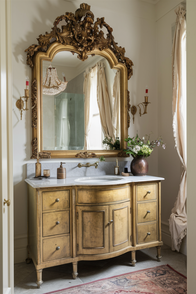 An antique-style bathroom with an ornate gold-framed mirror above a vintage vanity. The intricate detailing exudes old-world elegance. Bathroom mirror ideas with a classic twist.