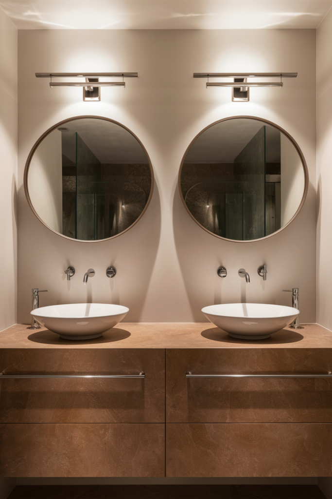 A symmetrical bathroom layout with twin round mirrors above a double vanity. The balanced design enhances functionality and aesthetics. Bathroom mirror ideas for shared spaces.