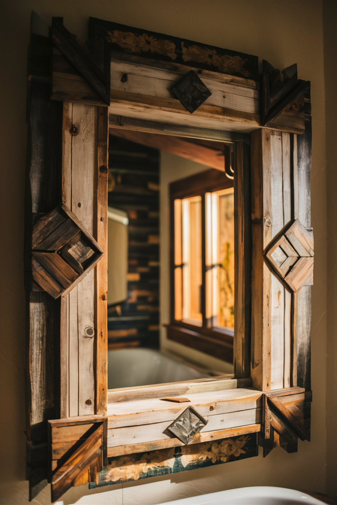 A creative DIY bathroom mirror project featuring a handmade wooden frame with artistic detailing. Bathroom mirror ideas for crafty decor lovers.
