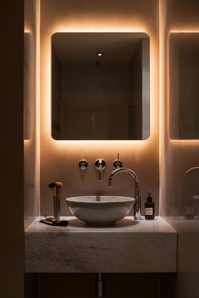 A sleek, modern bathroom featuring an LED lighted mirror above the vanity, creating a soft and evenly lit space. Perfect for a stylish and functional upgrade.
