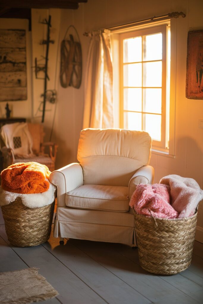 Woven Baskets for Storage in farmhouse inspired living room