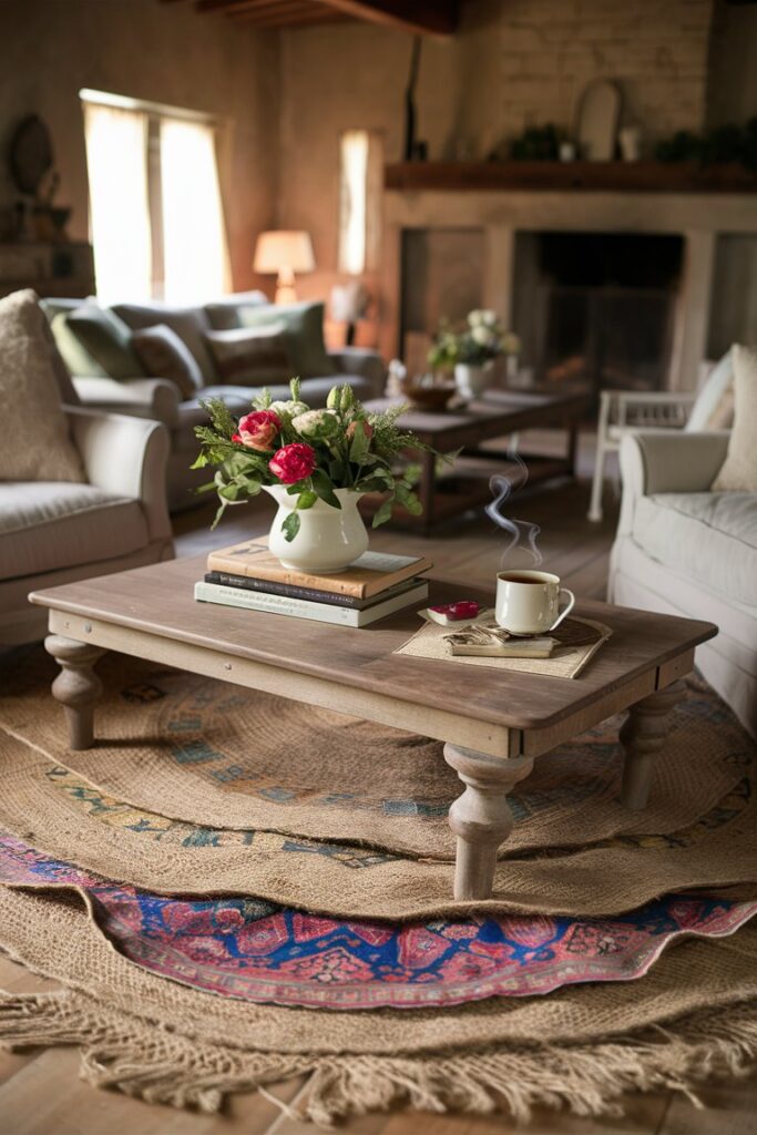 A living room with rugs providing layered textures.