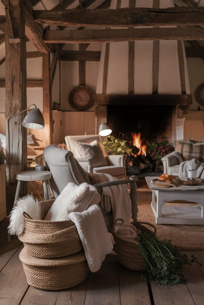 Woven Baskets for Storage in farmhouse inspired living room