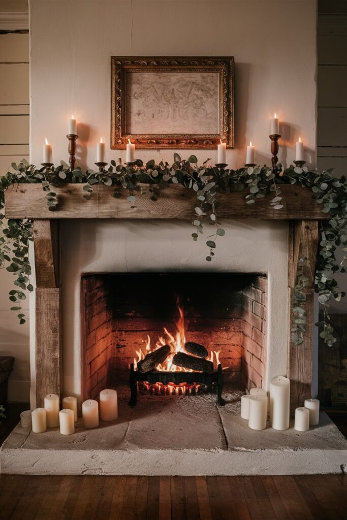 Distressed Wood Mantel in a farmhouse inspired living room