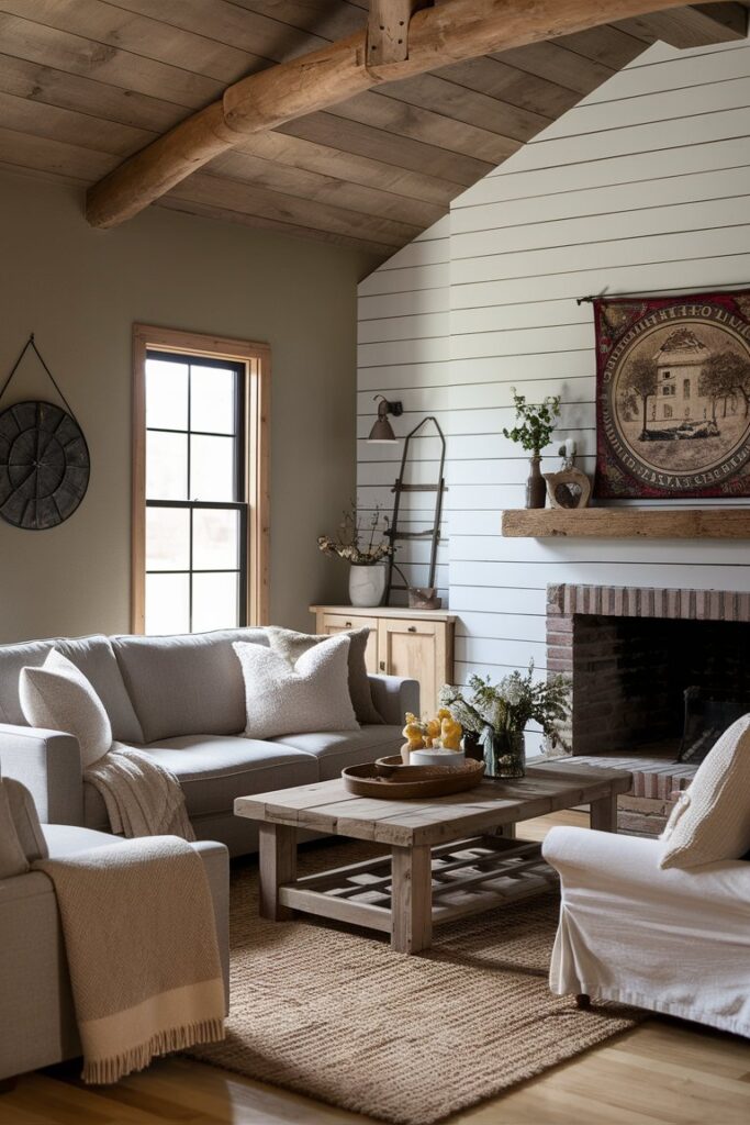 A typical farmhouse element, a shiplap accent wall giving a living room rustic appeal, texture, and depth.