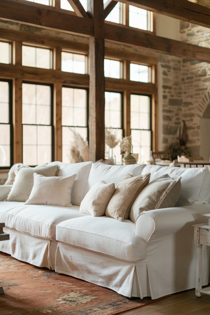 A farmhouse living room with a large, cozy sofa that provides the ideal mix of comfort and design.