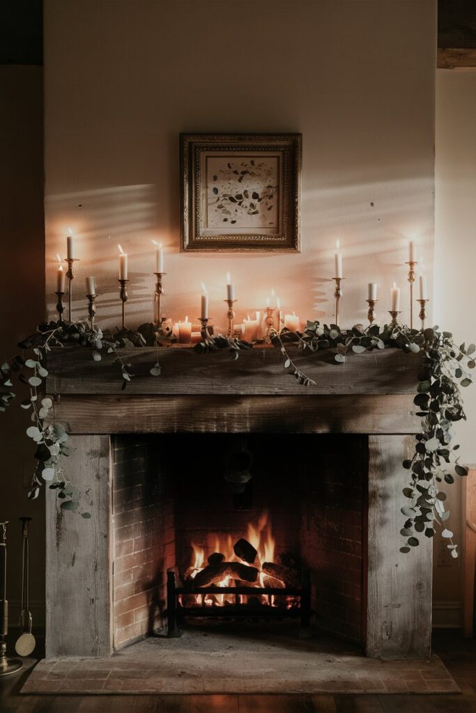 Distressed Wood Mantel in a farmhouse inspired living room