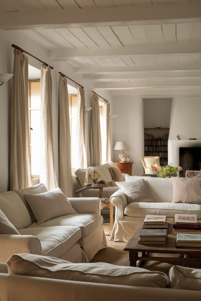 A comfortable farmhouse living room in a neutral color scheme, which produces a gentle, inviting environment with a timeless vibe. 