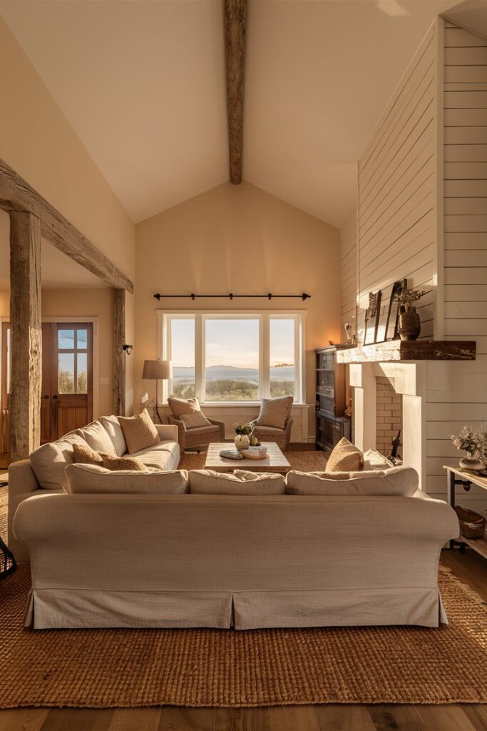 A typical farmhouse element, a shiplap accent wall giving a living room rustic appeal, texture, and depth.