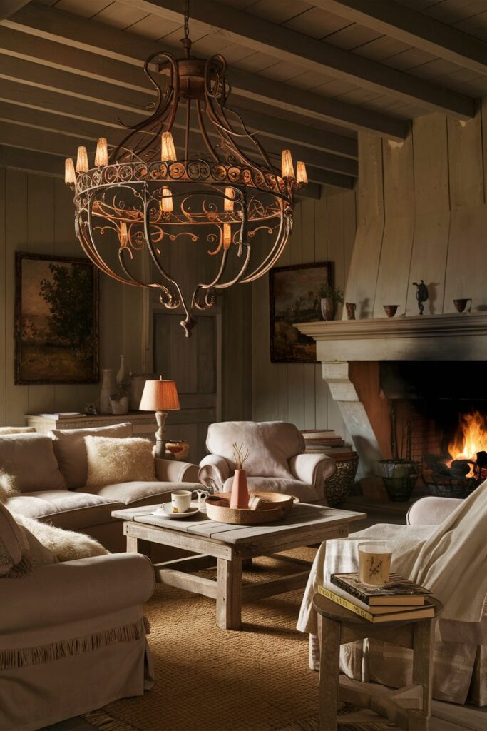 Vintage-Inspired Lighting in a farmhouse inspired living room