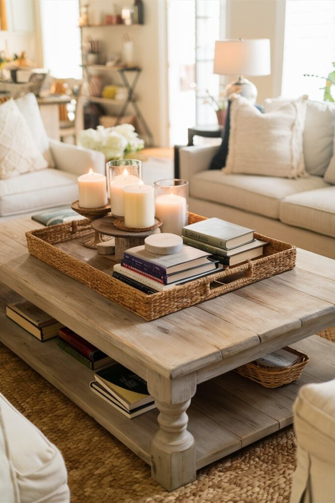 A wooden coffee table with candles and books in the tray in farmhouse style