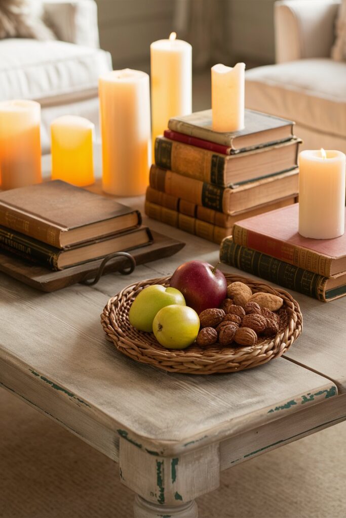 A wooden table with candles and books on it