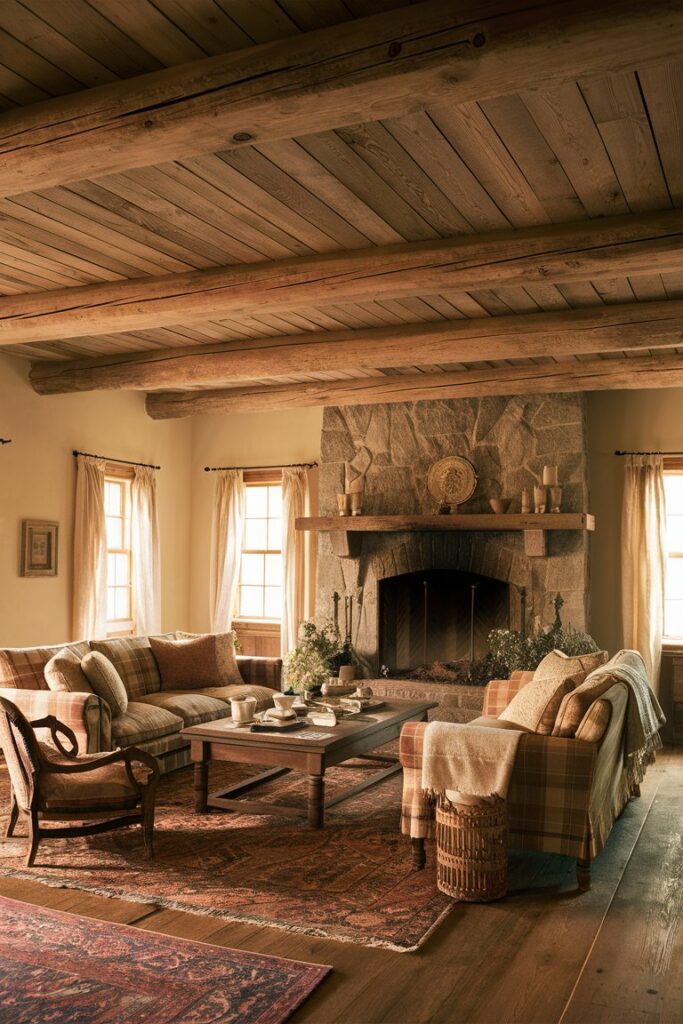 A farmhouse living room with a timeless appeal from rustic wooden beams.