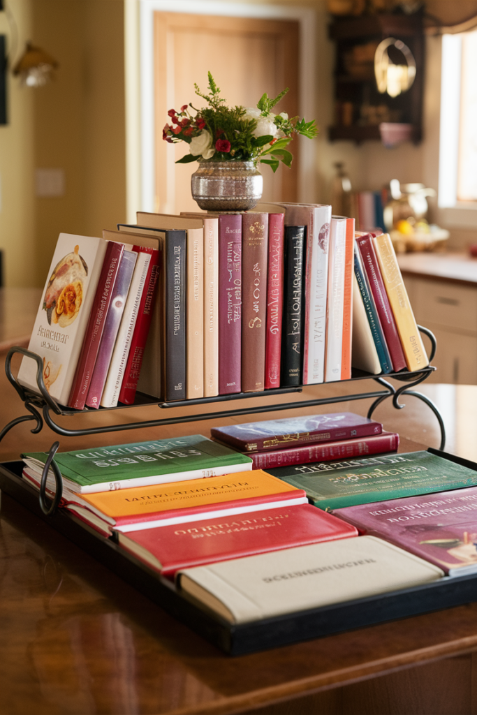 A kitchen island with neatly arranged cookbooks, stacked with a decorative object on top. Some books are leaning against a stylish stand, while a tray display organizes seasonal and color-coordinated books, enhancing the space’s charm.