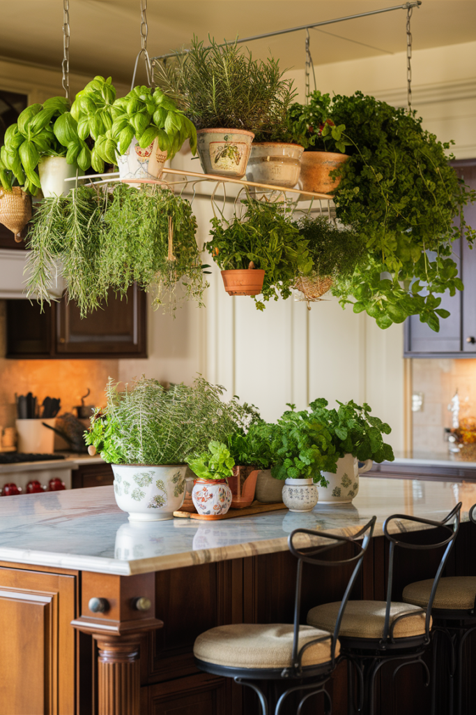 A charming kitchen island with a small hanging herb garden. Potted herbs like basil, rosemary, and mint sit in decorative containers, bringing fresh greenery and easy access to ingredients for cooking.