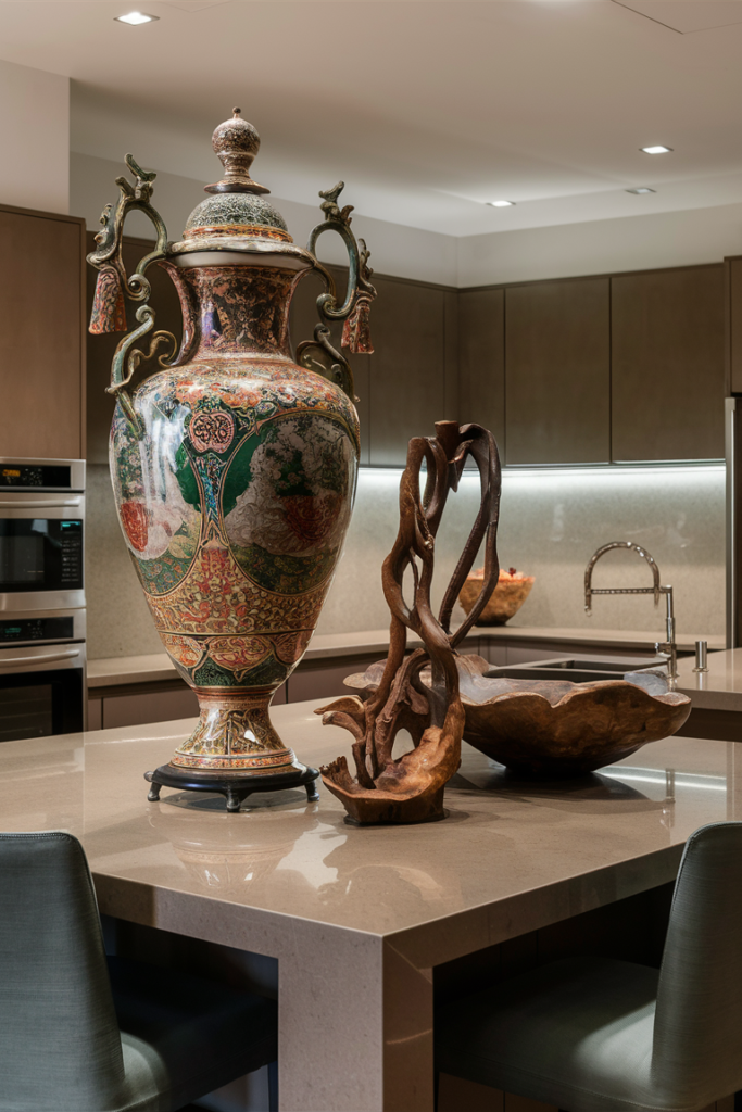 A stylish kitchen island featuring a unique statement piece, such as an antique vase, sculptural centerpiece, or an oversized decorative bowl.