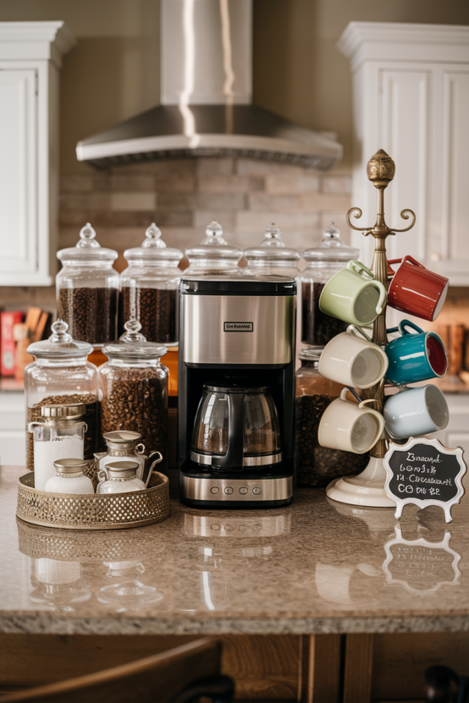 A cozy and well-organized coffee station on a kitchen island, featuring a sleek coffee maker, a stylish mug rack, glass jars filled with coffee beans, and a decorative tray holding sugar and creamer. A mini chalkboard sign adds a personalized touch.